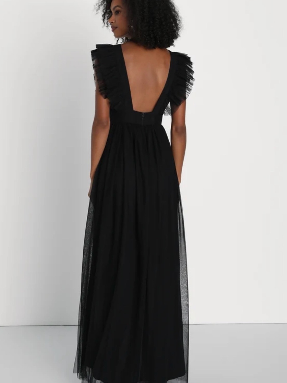 Lulu's Black Deep V Ruffle-Trim Maxi Dress - Picture 2 of 6
